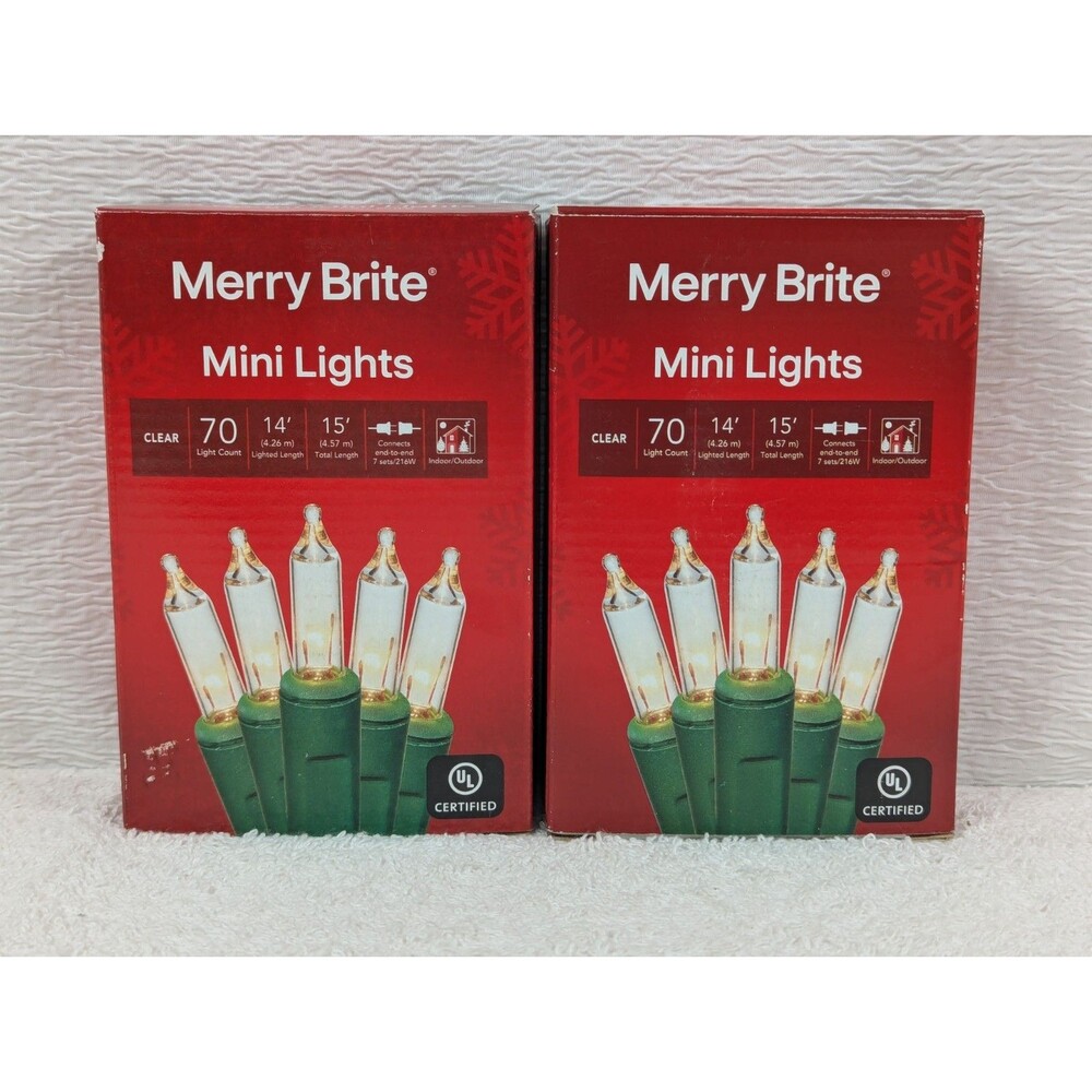 Christmas - Merry Brite - 70 Count - Mini Lights - Clear Bulb/Green Wire -2 Pack